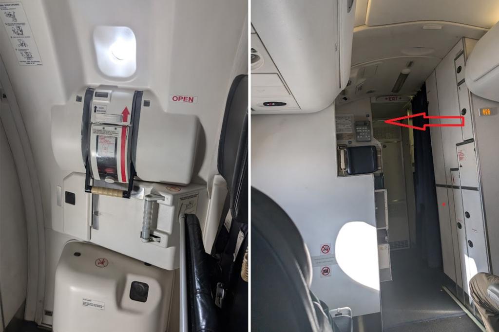 The Flyer was shocked after two people mistook the emergency exit for the bathroom - and tried to open it